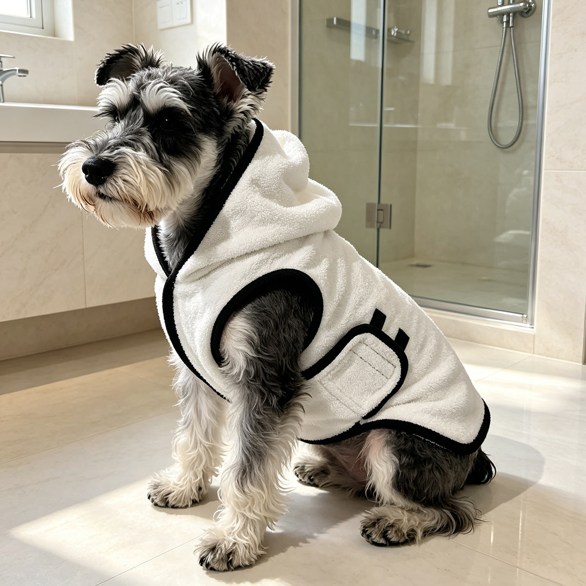 French Bulldog wearing white pet bathrobe towel