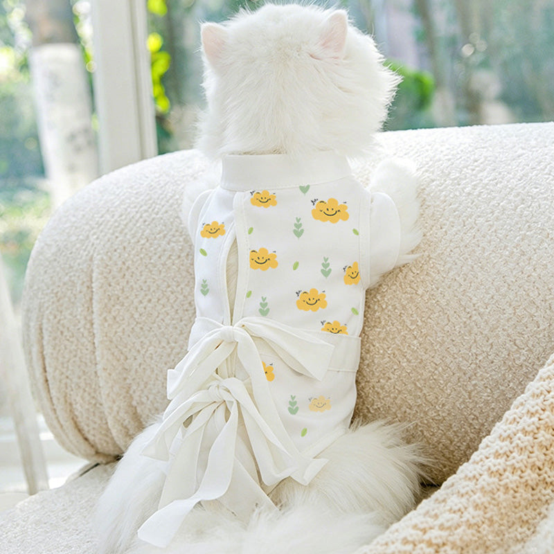 Cat Recovery Comfort Bodysuit - smiley cloud print on white cat