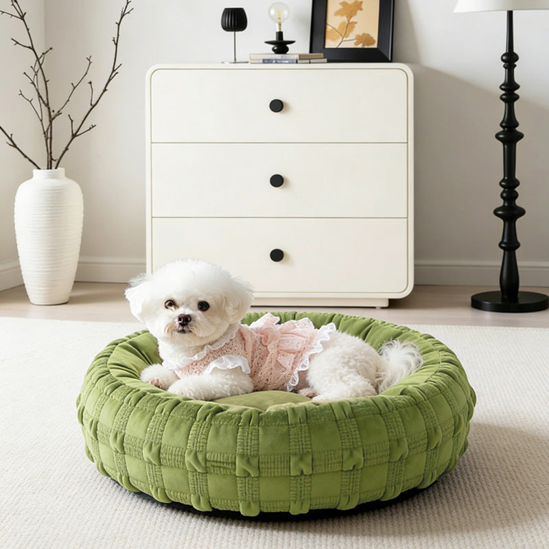 Woven donut dog bed available in green, brown and grey colours