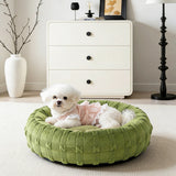 Woven donut dog bed available in green, brown and grey colours