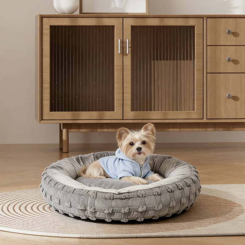 Brown woven donut dog bed detail and lifestyle shots