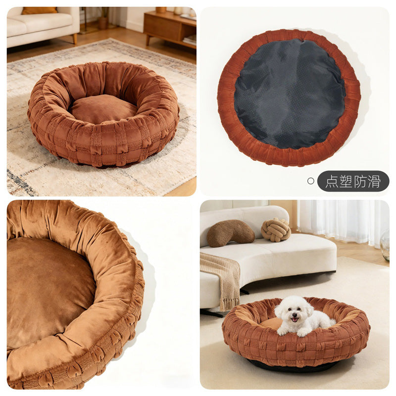 Brown woven donut dog bed feature detail collage