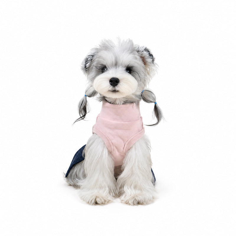 Preppy turtleneck dog dress in pink with pleated plaid skirt on dog model