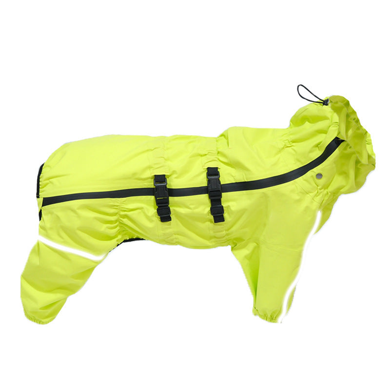 Dog raincoat features diagram - waterproof fabric, reflective strips, adjustable straps