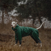 Khaki full-body waterproof dog raincoat side view on white background