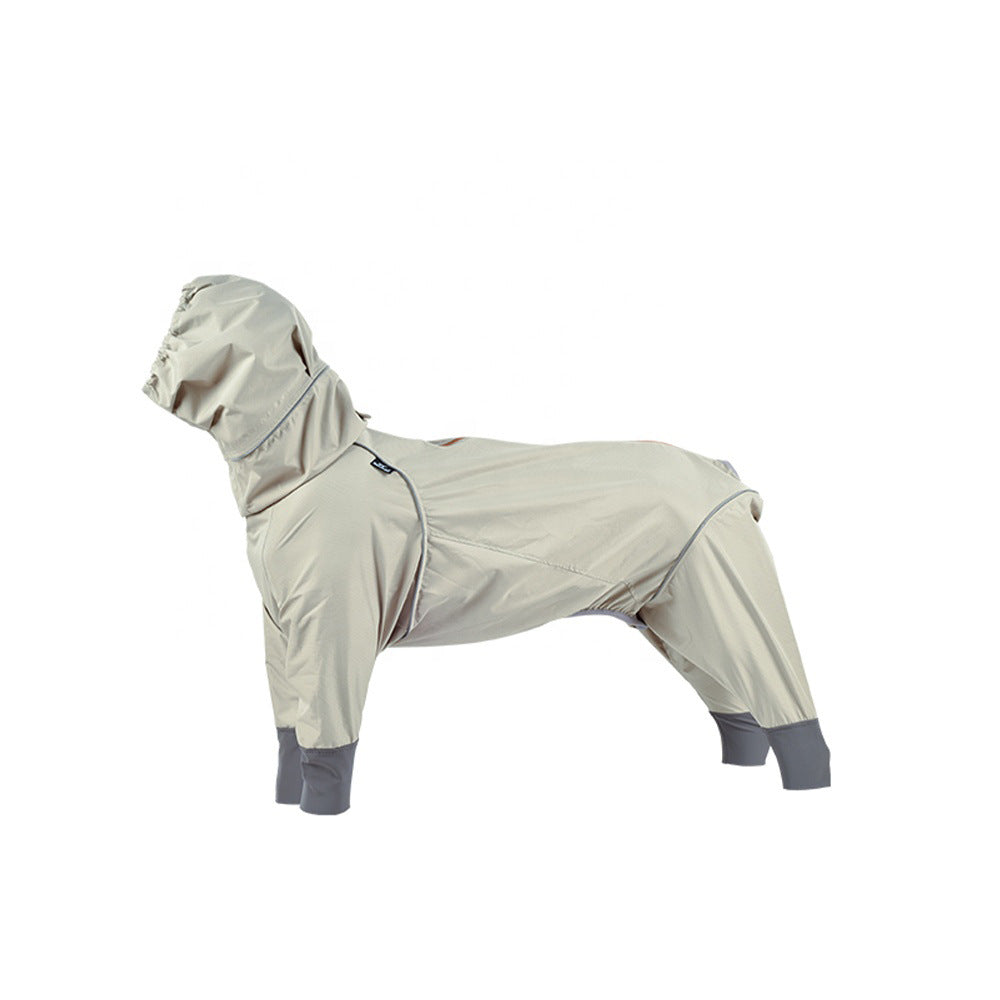 Navy blue full-body waterproof dog raincoat side view on white background