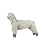 Navy blue full-body waterproof dog raincoat side view on white background