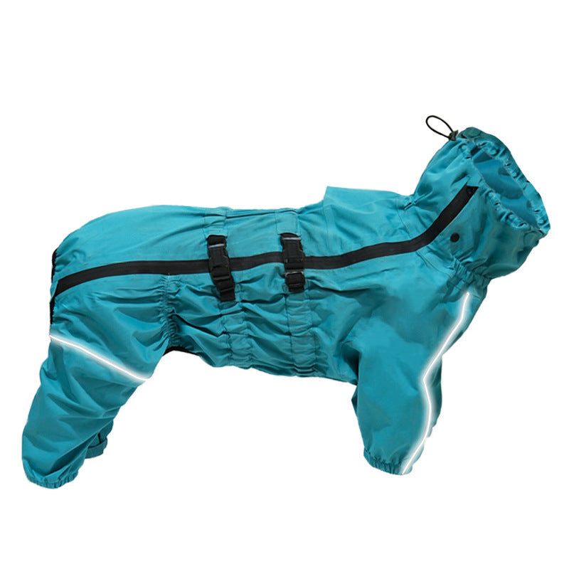 Dog raincoat in teal blue, full body view