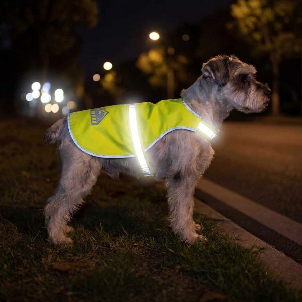 Fluorescent yellow dog reflective safety vest flat lay