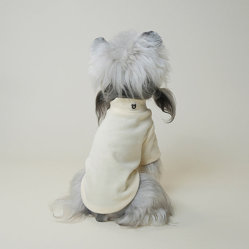 Small white dog wearing a cream turtleneck dog sweater