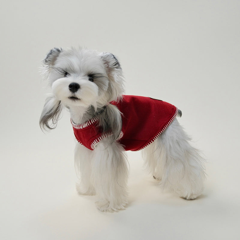 Small dog sitting and wearing cozy red fleece vest showing round collar and chest