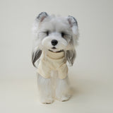 Back view of a small dog wearing a cream turtleneck sweater