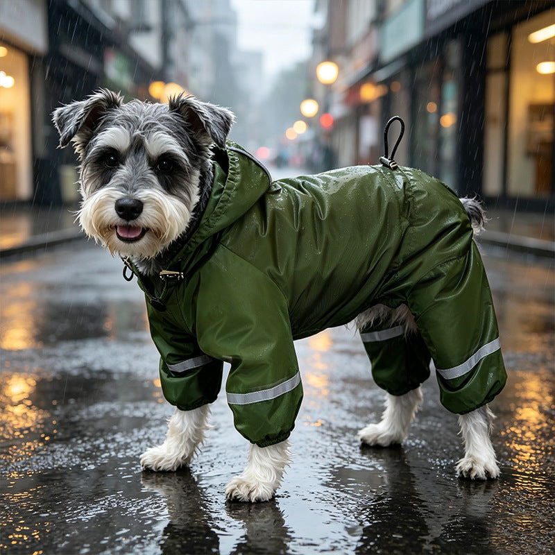 Feature breakdown showing hidden leash hole, warm fleece lining, reflective strip, and waterproof fabric