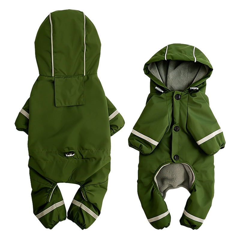 Green waterproof four-legged dog raincoat jumpsuit side and back view on miniature schnauzer