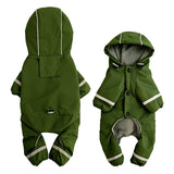 Green waterproof four-legged dog raincoat jumpsuit side and back view on miniature schnauzer