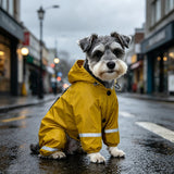 Yellow waterproof four-legged dog raincoat jumpsuit back view on miniature schnauzer