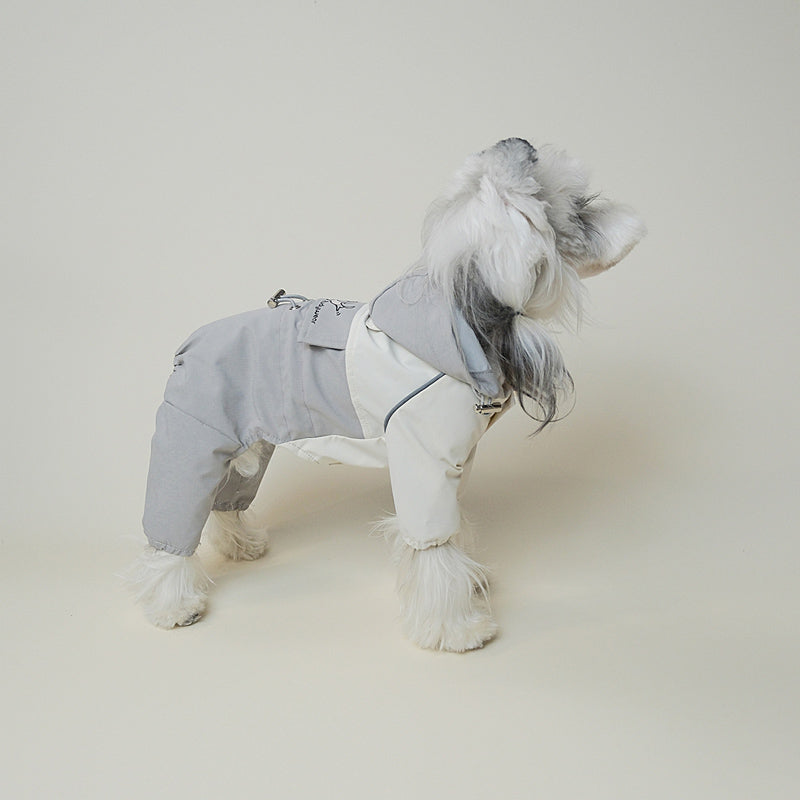 Flat lay of dog windbreaker with hood and drawstrings