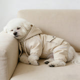 Small white dog wearing khaki beige jumpsuit walking in snow