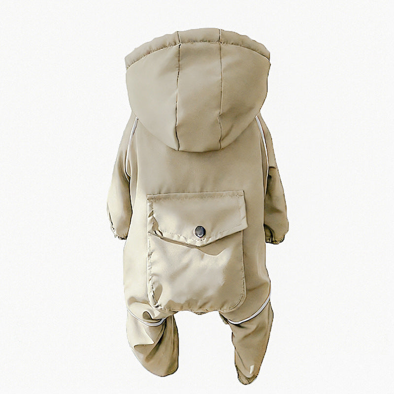 Fleece-lined dog jumpsuit back view in khaki beige