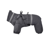 Charcoal gray insulated four-leg dog winter jumpsuit with adjustable harness and elastic cuffs on a white background.