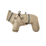 Khaki insulated four-leg dog winter jumpsuit with adjustable built-in harness on a white background.