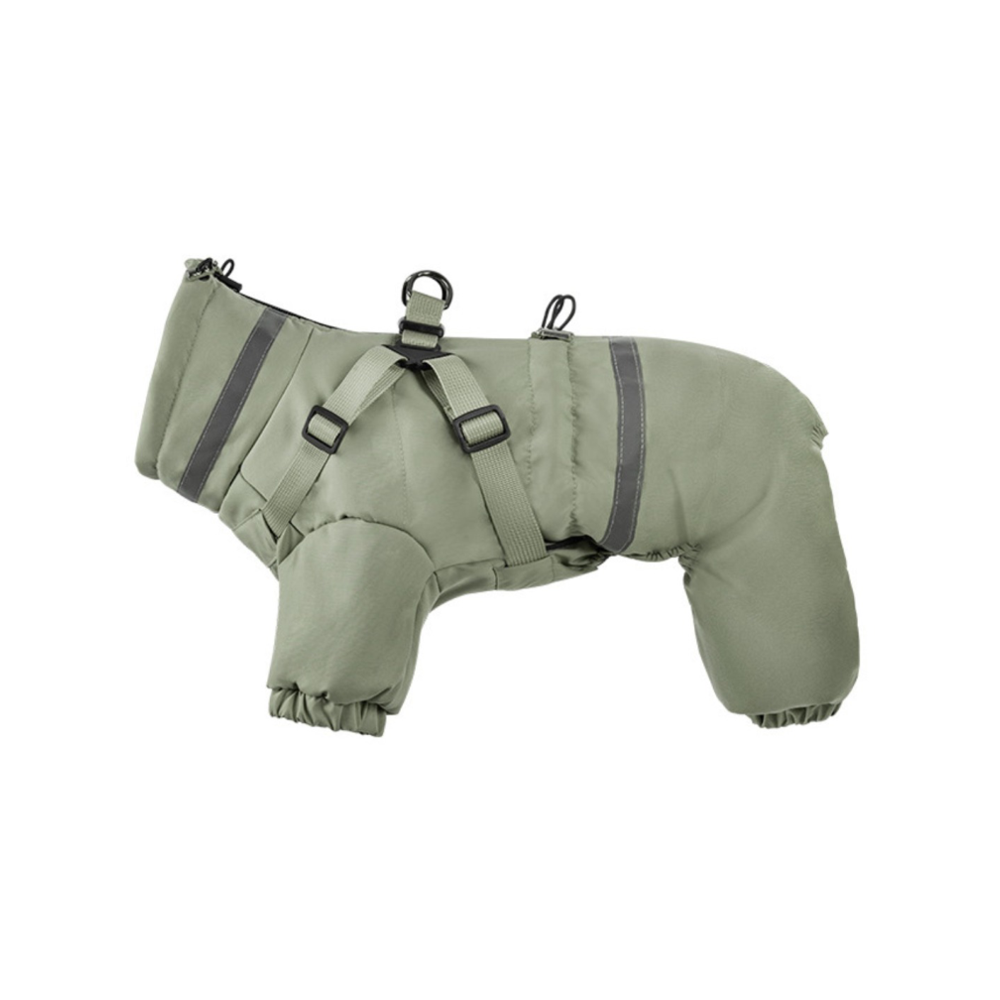 Sage green insulated four-leg dog winter jumpsuit with reflective strips and built-in harness on a white background.
