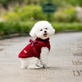 Wine red teddy fleece dog vest with built-in harness, worn by a white fluffy dog