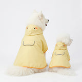 Two dogs wearing duck raincoats outdoors in the rain