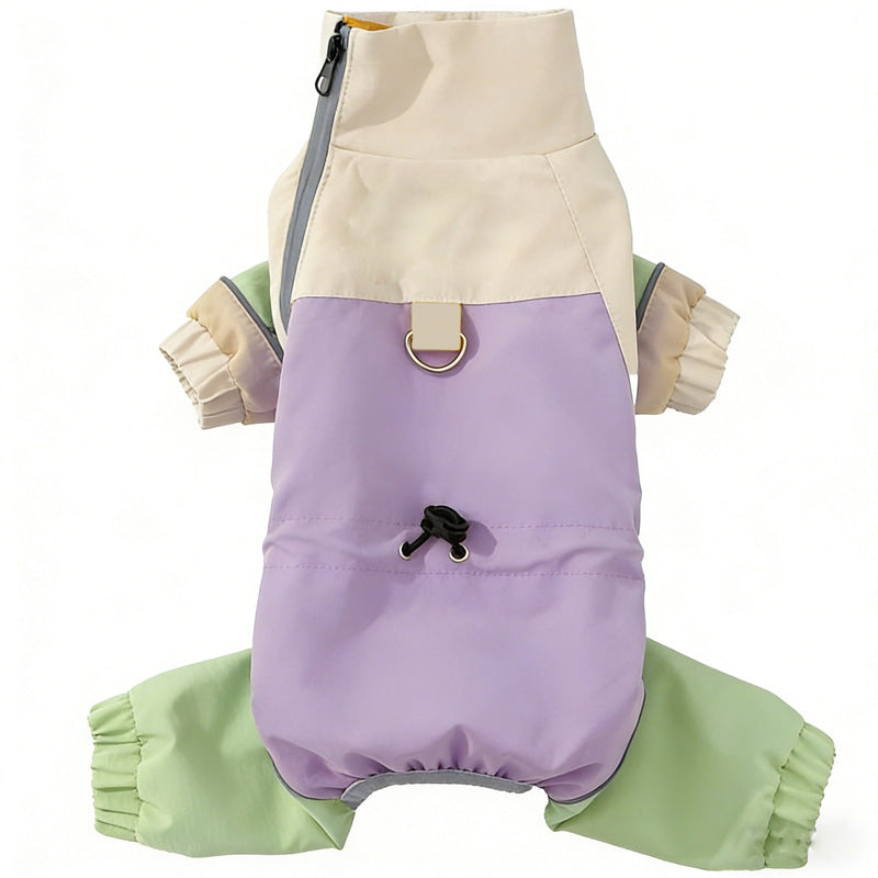 Purple and green dog windbreaker jumpsuit – front view