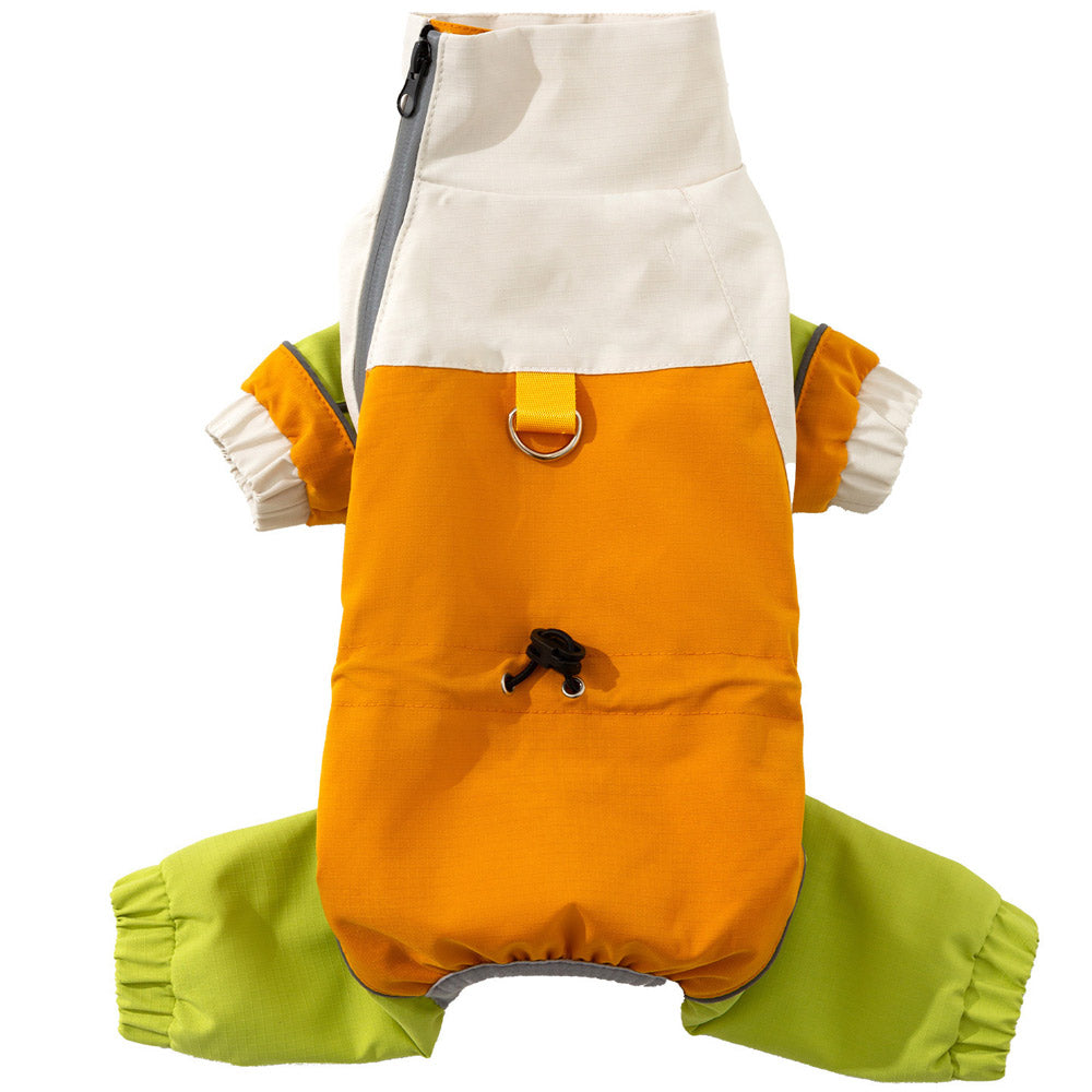 Orange and green dog windbreaker jumpsuit – front view