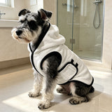 French Bulldog wearing white pet bathrobe towel