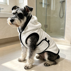 French Bulldog wearing white pet bathrobe towel