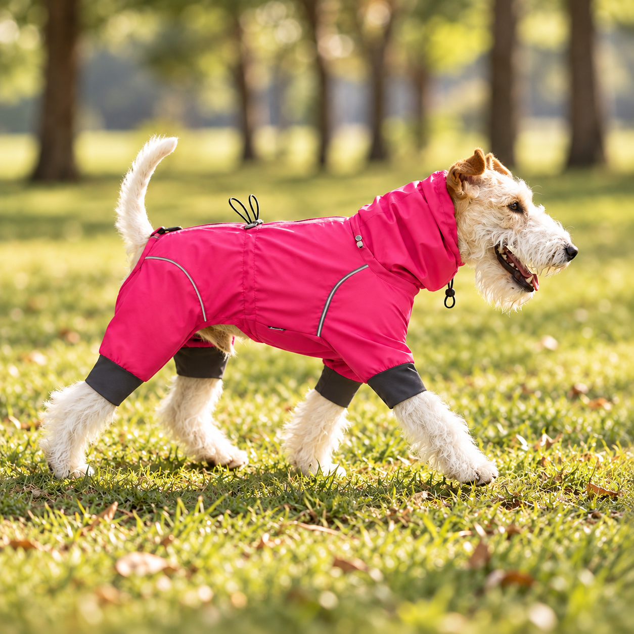 All-weather four-legged waterproof dog raincoat jumpsuit in lavender purple