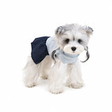Preppy turtleneck dog dress in blue featuring cute bear embroidery and pleated houndstooth plaid skirt