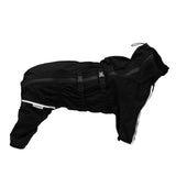 Black dog raincoat worn by Labrador in rain