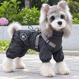 Black waterproof dog raincoat jumpsuit with built-in harness on small dog