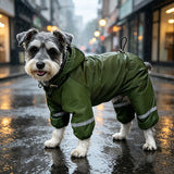 Feature breakdown showing hidden leash hole, warm fleece lining, reflective strip, and waterproof fabric