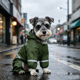 Yellow fleece-lined waterproof dog raincoat flat lay showing hooded front and back with leash slit