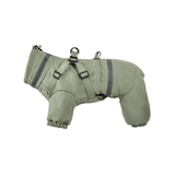 Sage green insulated four-leg dog winter jumpsuit with reflective strips and built-in harness on a white background.