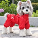 Red all-weather dog raincoat jumpsuit with integrated harness straps