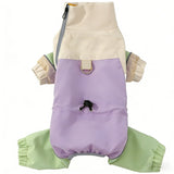 Purple and green dog windbreaker jumpsuit – front view