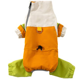 Orange and green dog windbreaker jumpsuit – front view